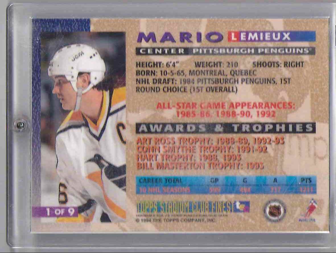 1994-95 Stadium Club Finest Inserts Mario Lemieux #1 card back image