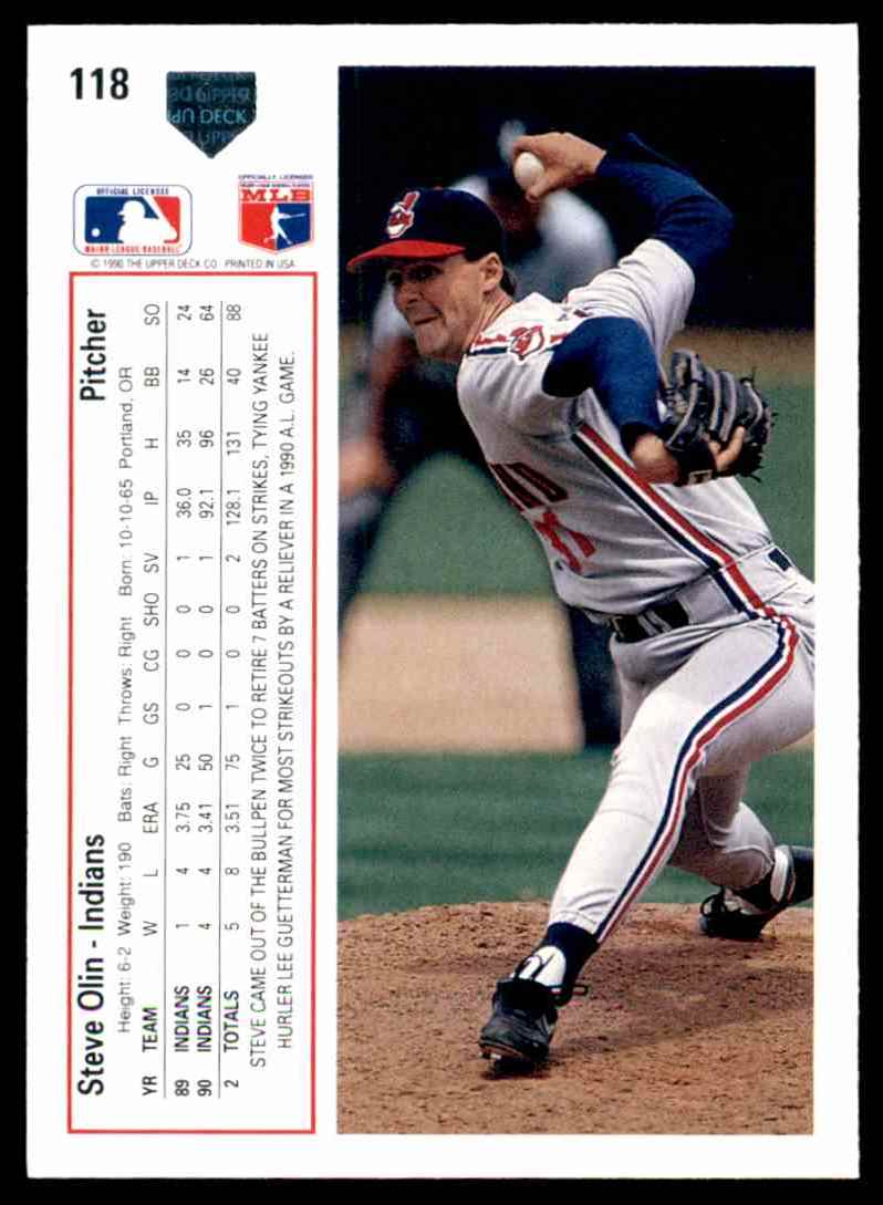 1991 Upper Deck Upper Deck Baseball Steve Olin #118 card back image