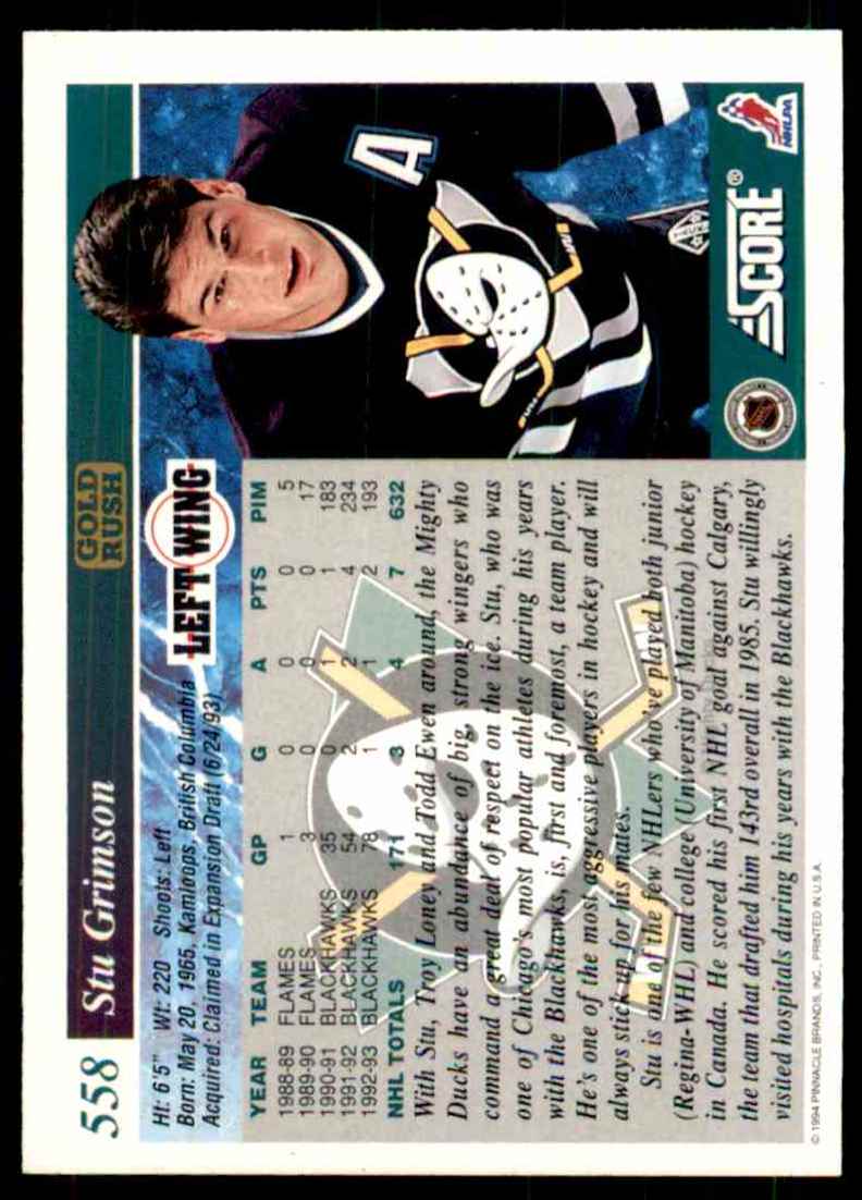 1993-94 Score Gold Rush Stu Grimson #558 card back image