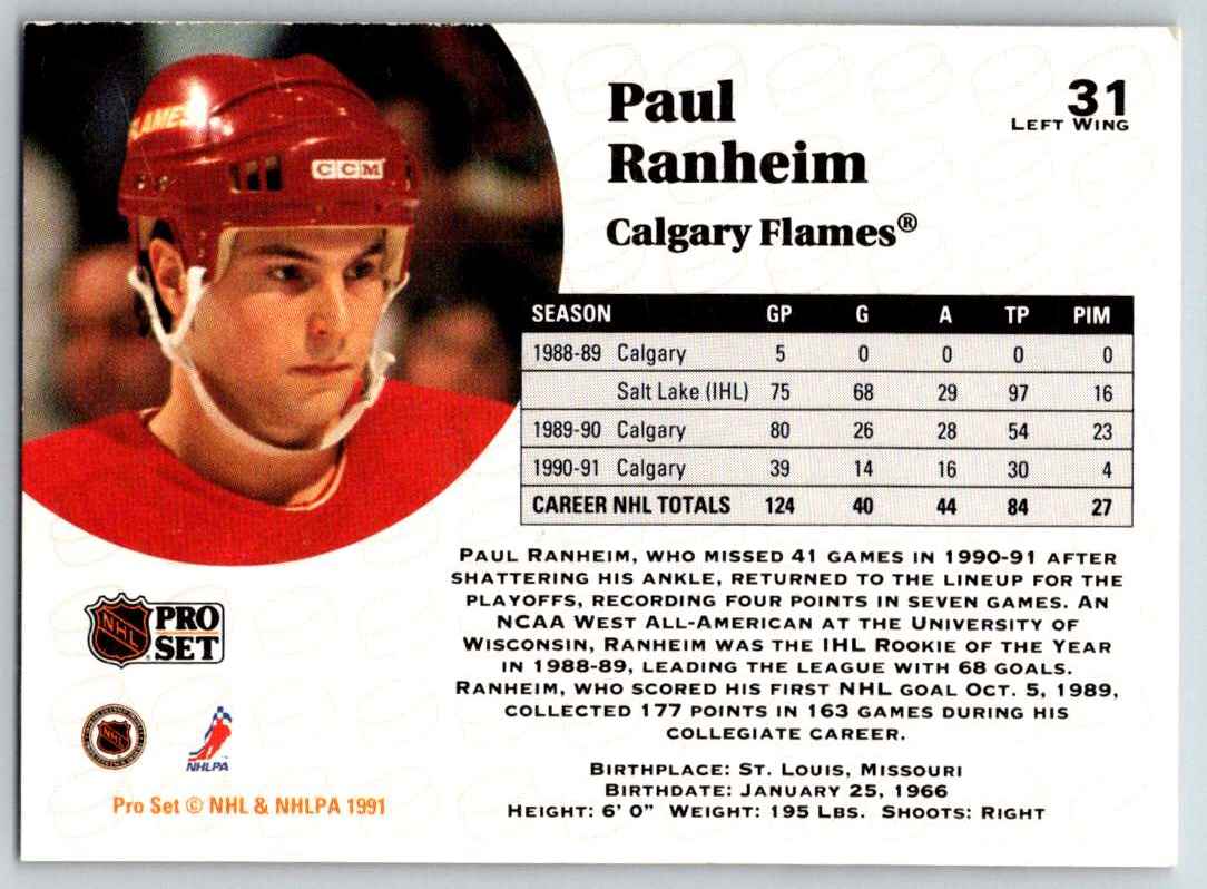 1991-92 Pro Set Paul Ranheim #31 card back image