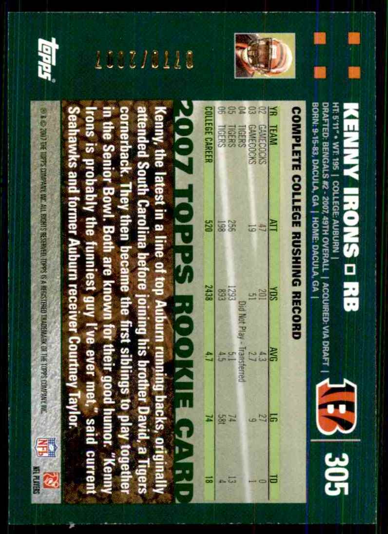 2007 Topps Copper Kenny Irons #305 card back image