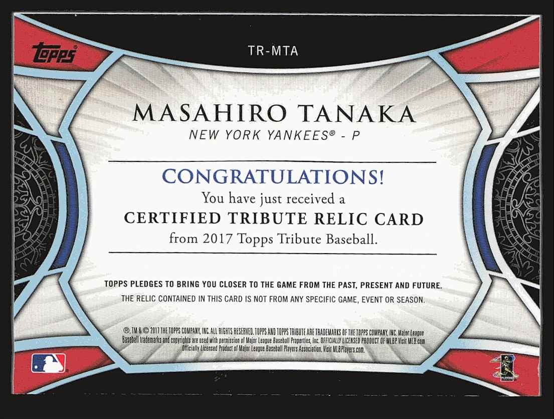 2017 Topps Tribute Relics Masahiro Tanaka #TR-MTA card back image