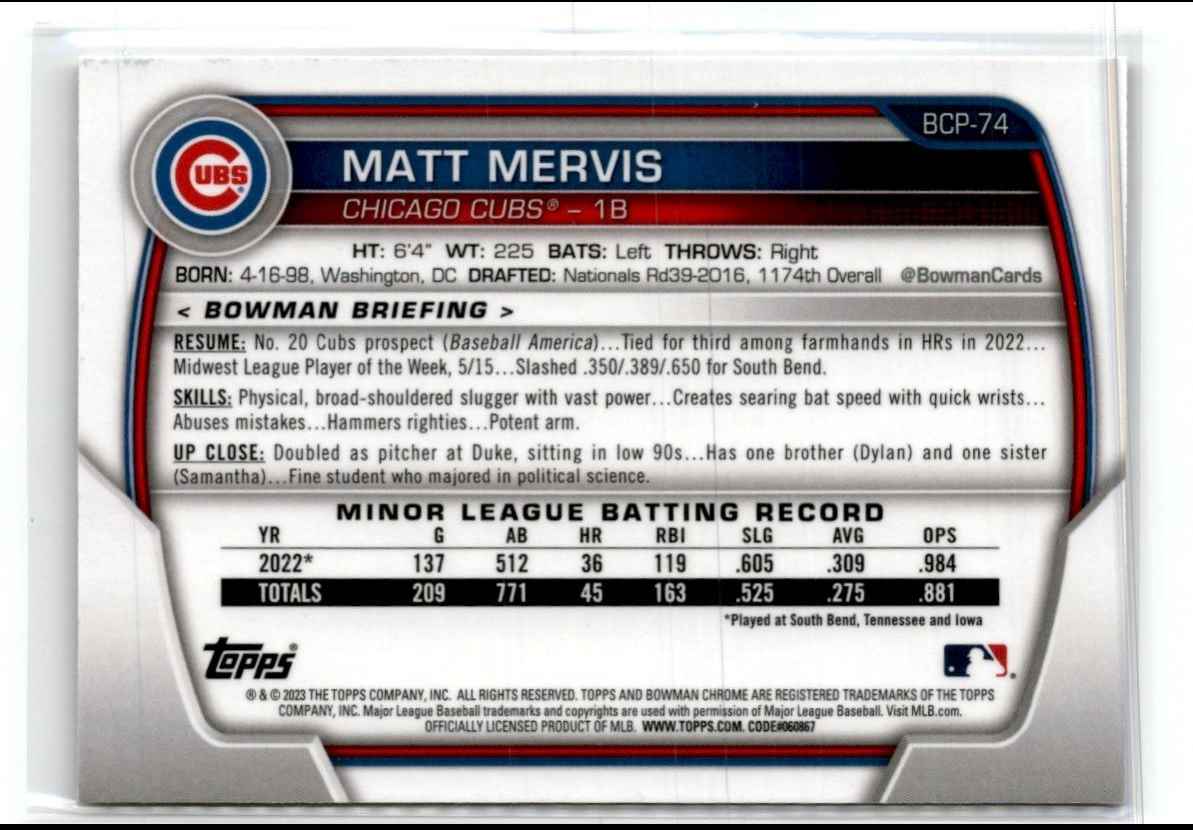 2023 Bowman Mega Mojo Refractor Matt Mervis #BCP-74 card back image