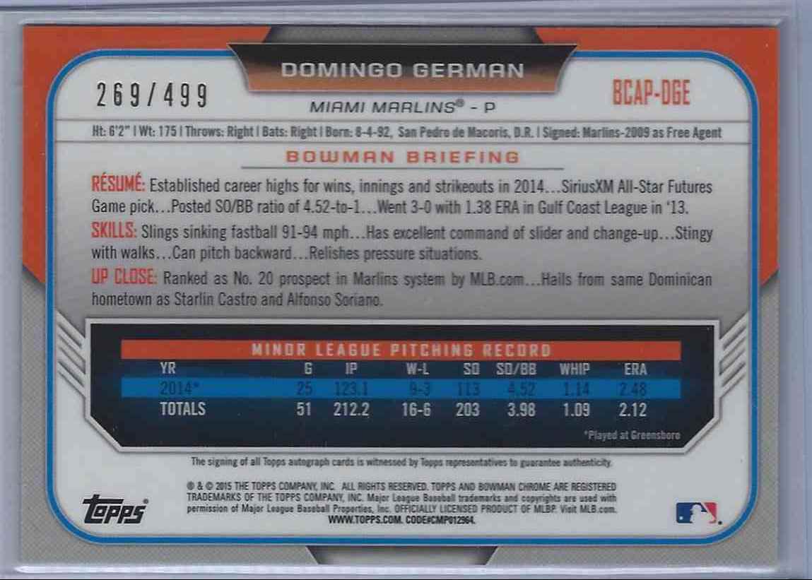 2015 Bowman Chrome Domingo German #BCAP-DGE card back image