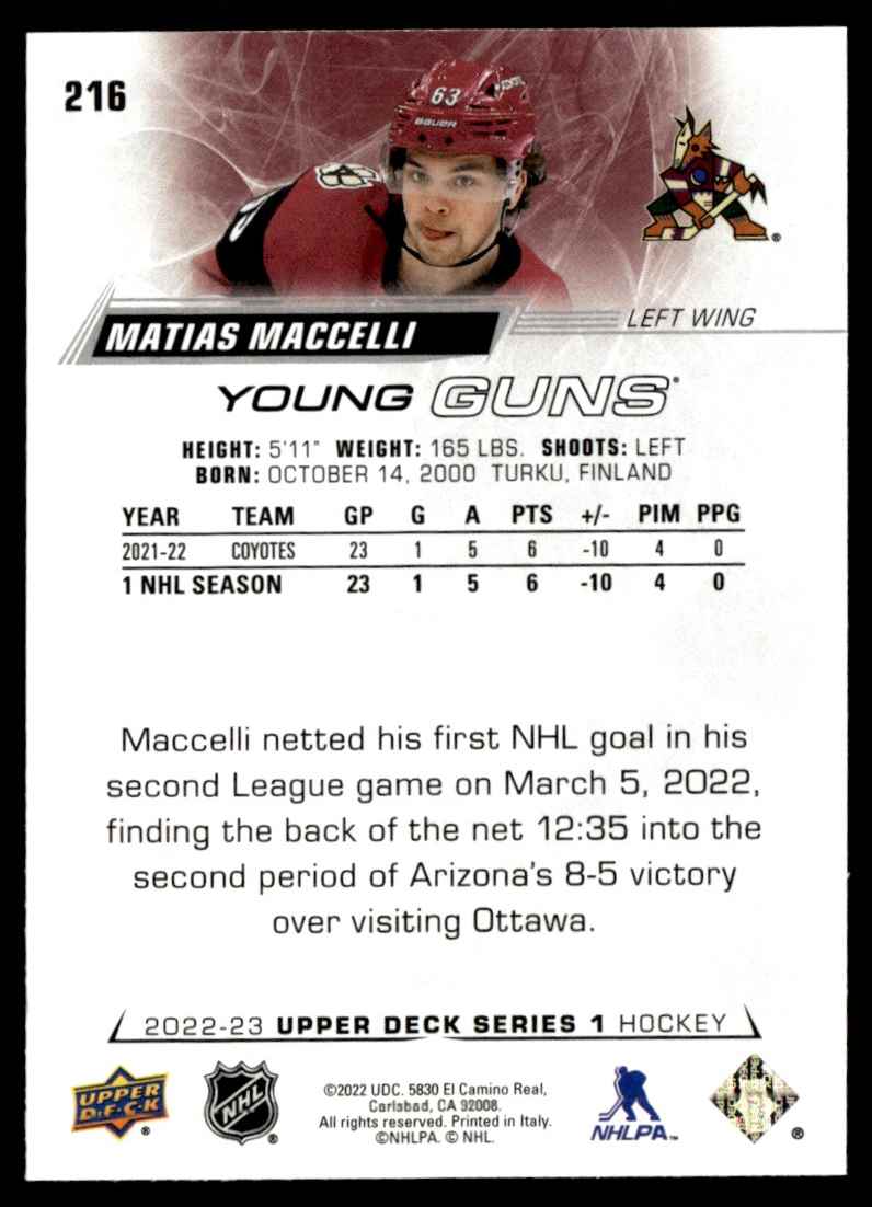 2022-23 Upper Deck Young Guns Matias Maccelli #216 card back image