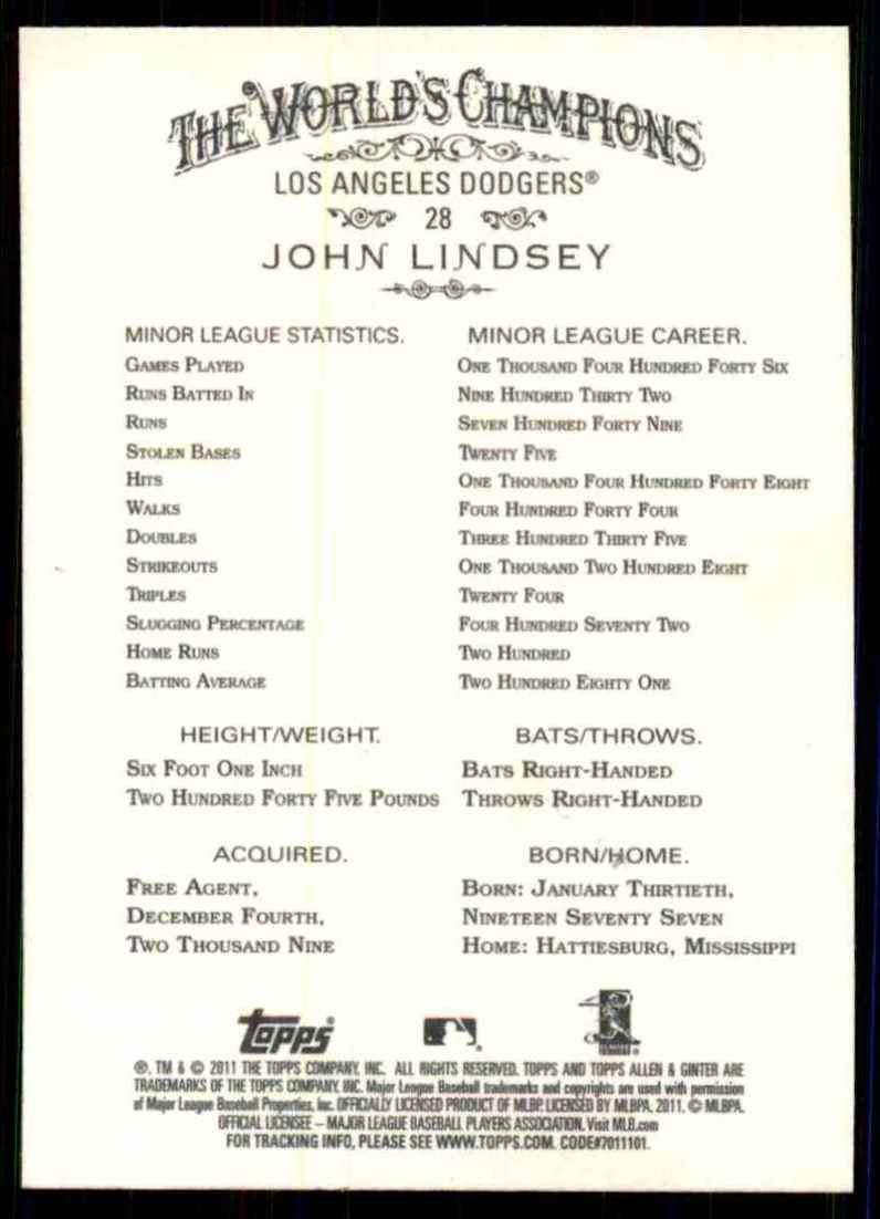 2011 Topps Allen & Ginter John Lindsey RC #28 card back image