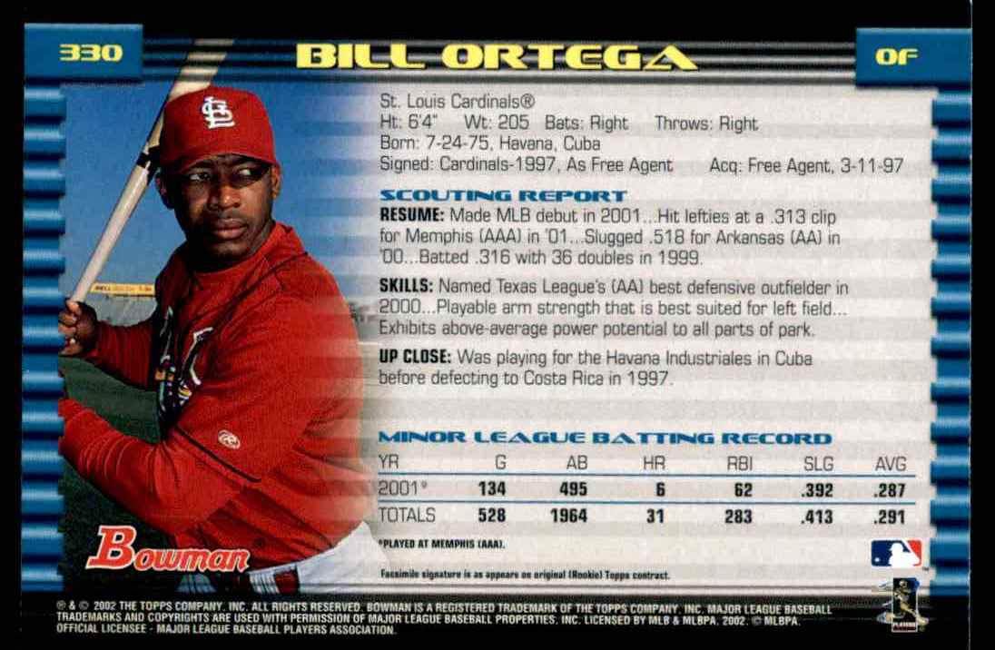 2002 Bowman Bowman Bill Ortega #330 card back image