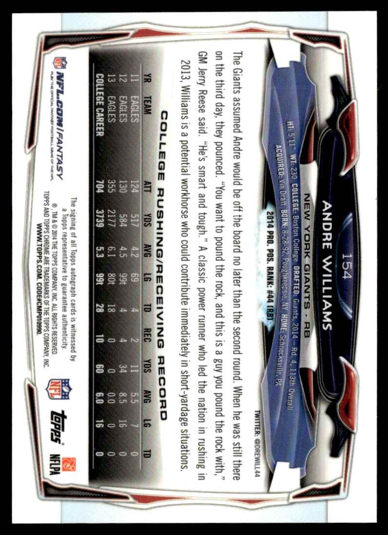 2014 Topps Chrome Rookie Autographs Andre Williams #154 card back image