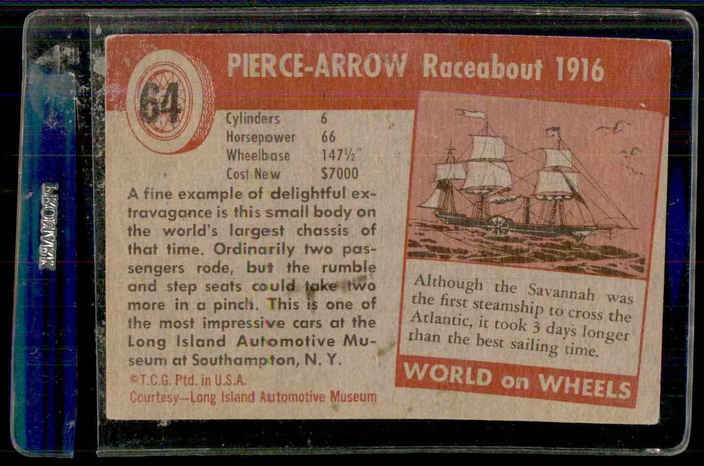 1954 Topps World On Wheels Pierce-Arrow Raceabout 1916 #64 card back image