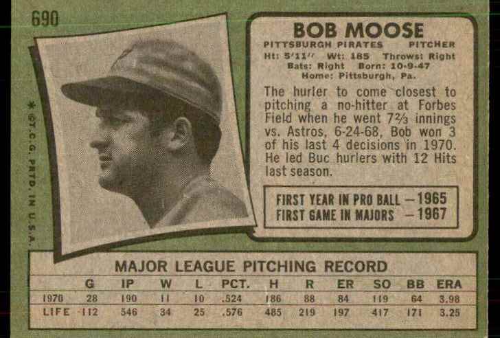 1971 Topps Hi# Nm-Mt+ Bob Moose #690 card back image