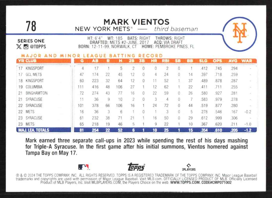 2024 Topps Mark Vientos #78 card back image