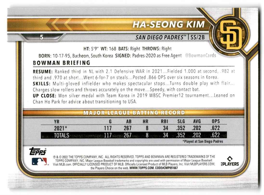 2022 Bowman Ha-Seong Kim #5 card back image