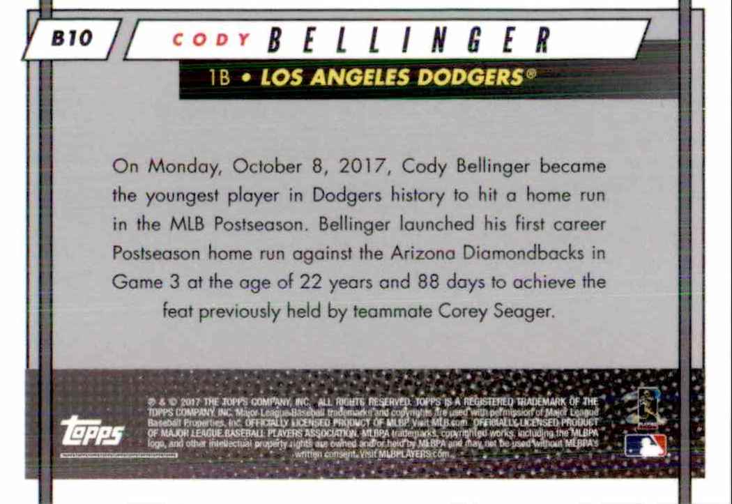 2017 Topps Rookie Class Youngest Dodger's Player Postseason Hr Cody Bellinger #B10 card back image