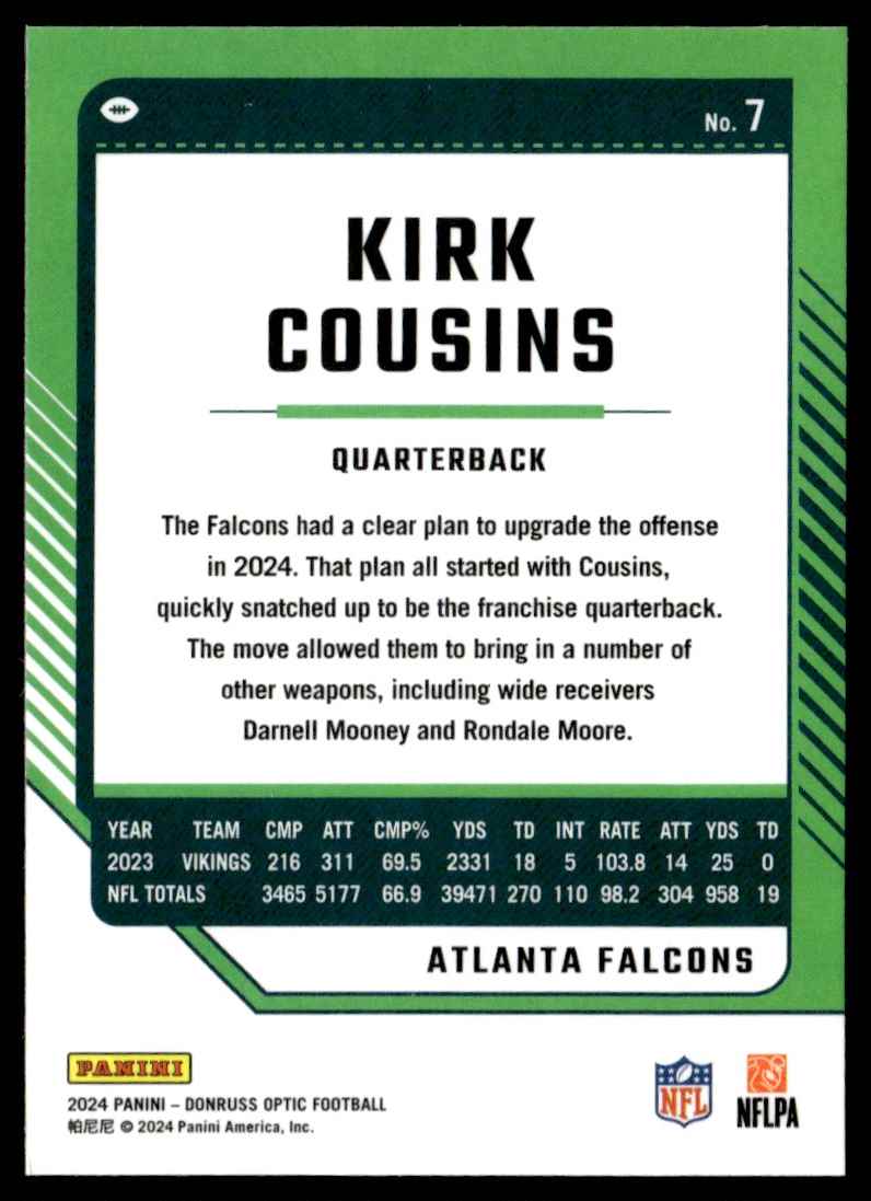 2024 NFL Donruss Optic Kirk Cousins #7 card back image