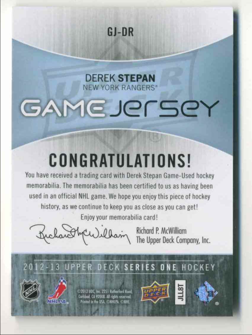 2012-13 Upper Deck Game Jersey Derek Stepan #GJ-DR card back image