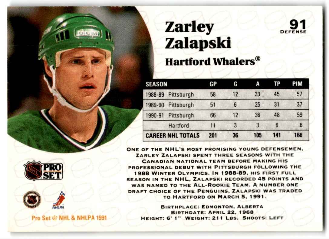 1991-92 Pro Set Zarley Zalapski #91 card back image