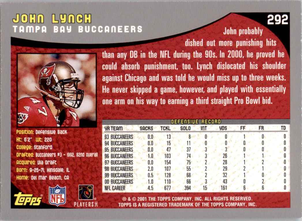 2001 Topps John Lynch #292 card back image