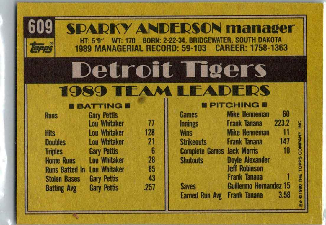 1990 Topps Sparky Anderson #609 card back image