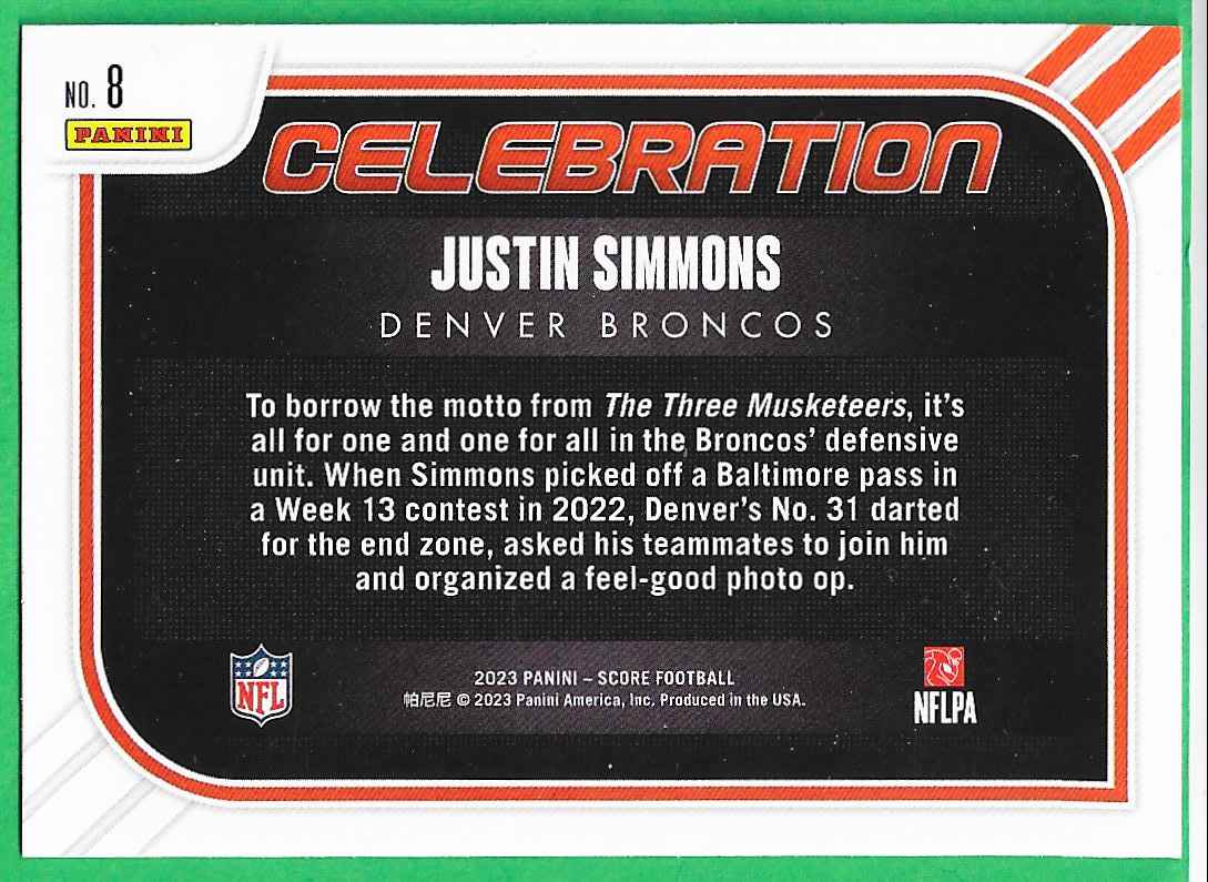 2023 Score Celebration Red Justin Simmons #8 card back image