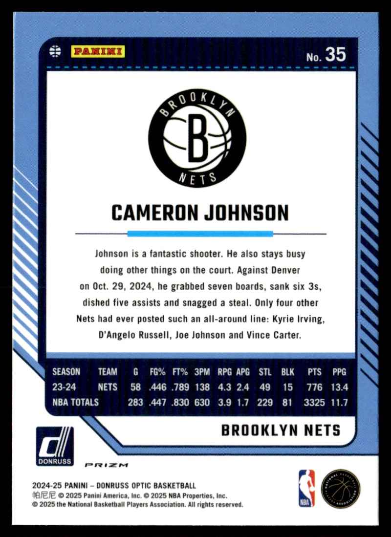 2024-25 Donruss Optic Silver Prizm Cameron Johnson #35 card back image