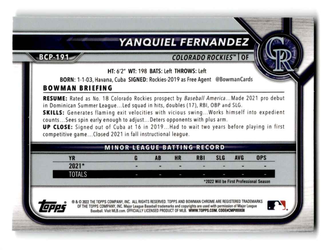 2022 Bowman Chrome Yanquiel Fernandez #BCP-191 card back image