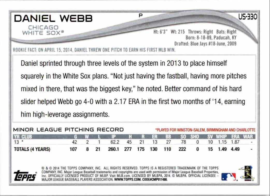 2014 Topps Update Daniel Webb RC #US-330A card back image