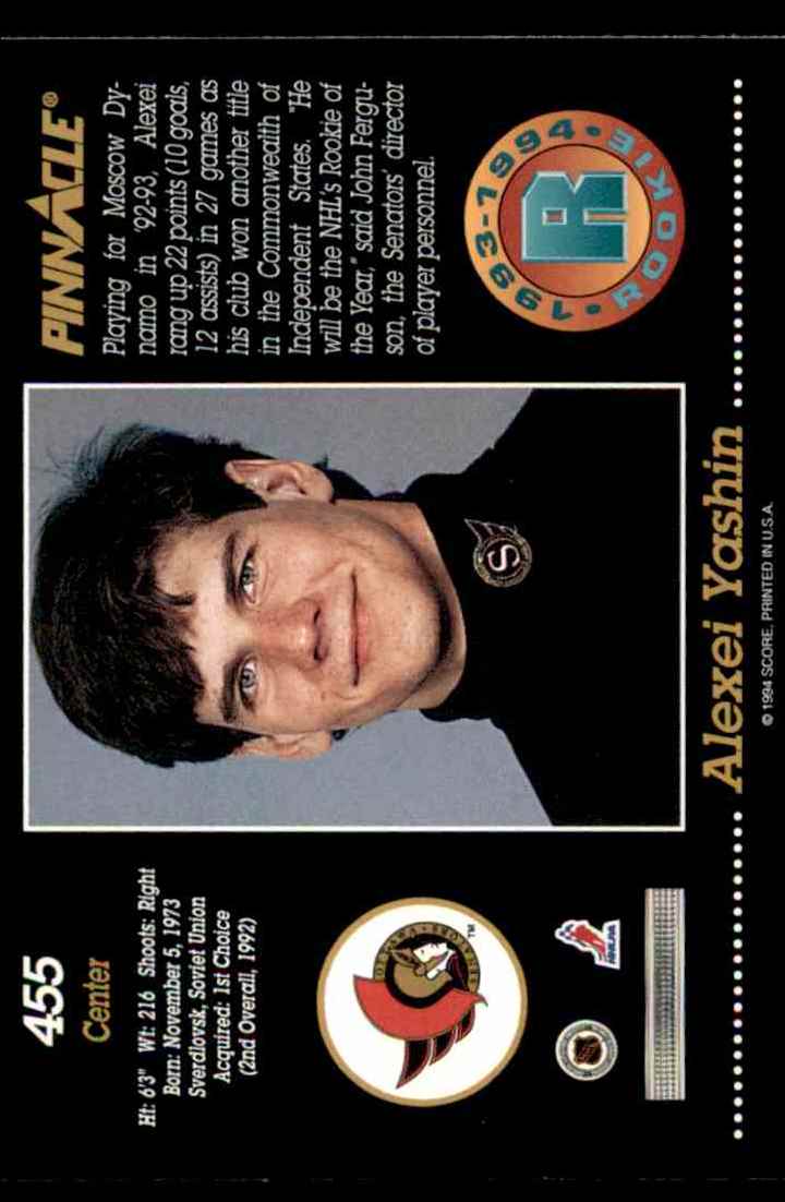 1993-94 Pinnacle Alexei Yashin #455 card back image