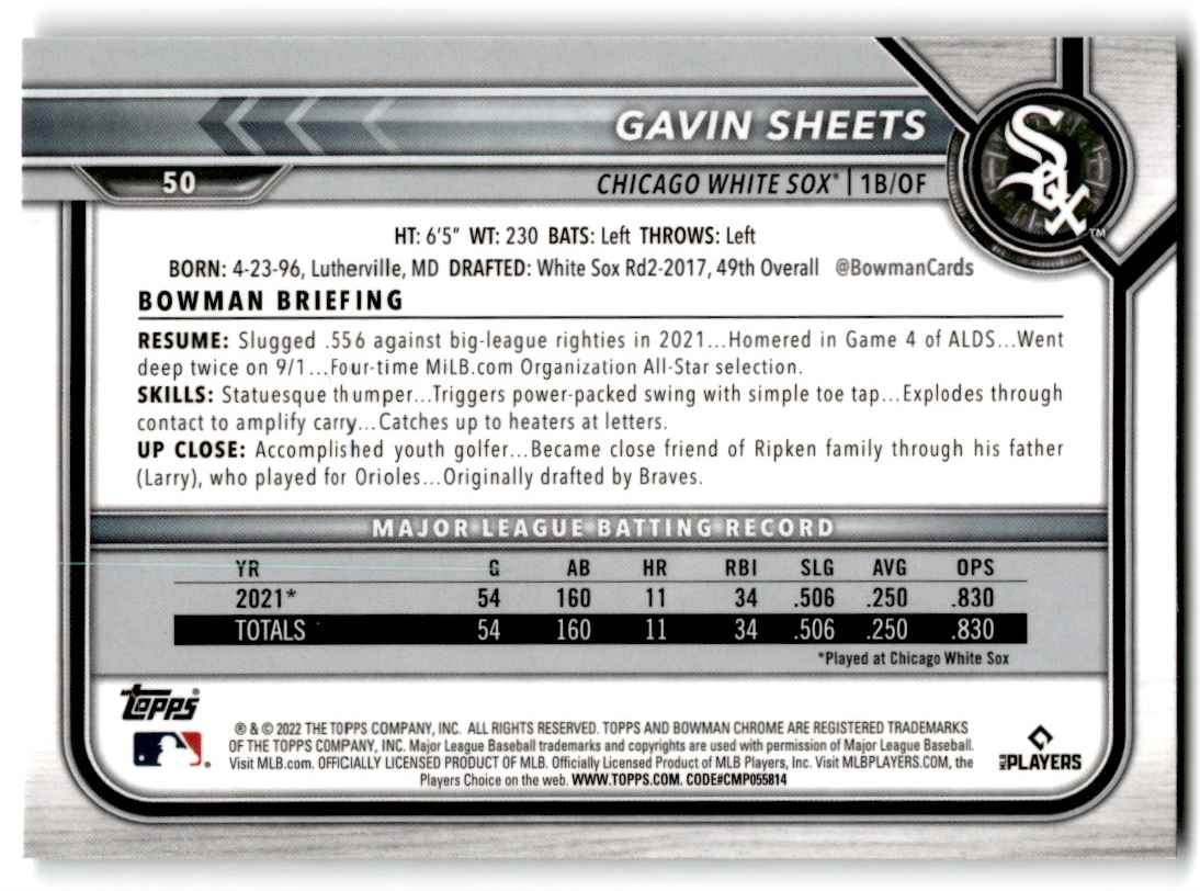 2022 Bowman Chrome Gavin Sheets #50 card back image
