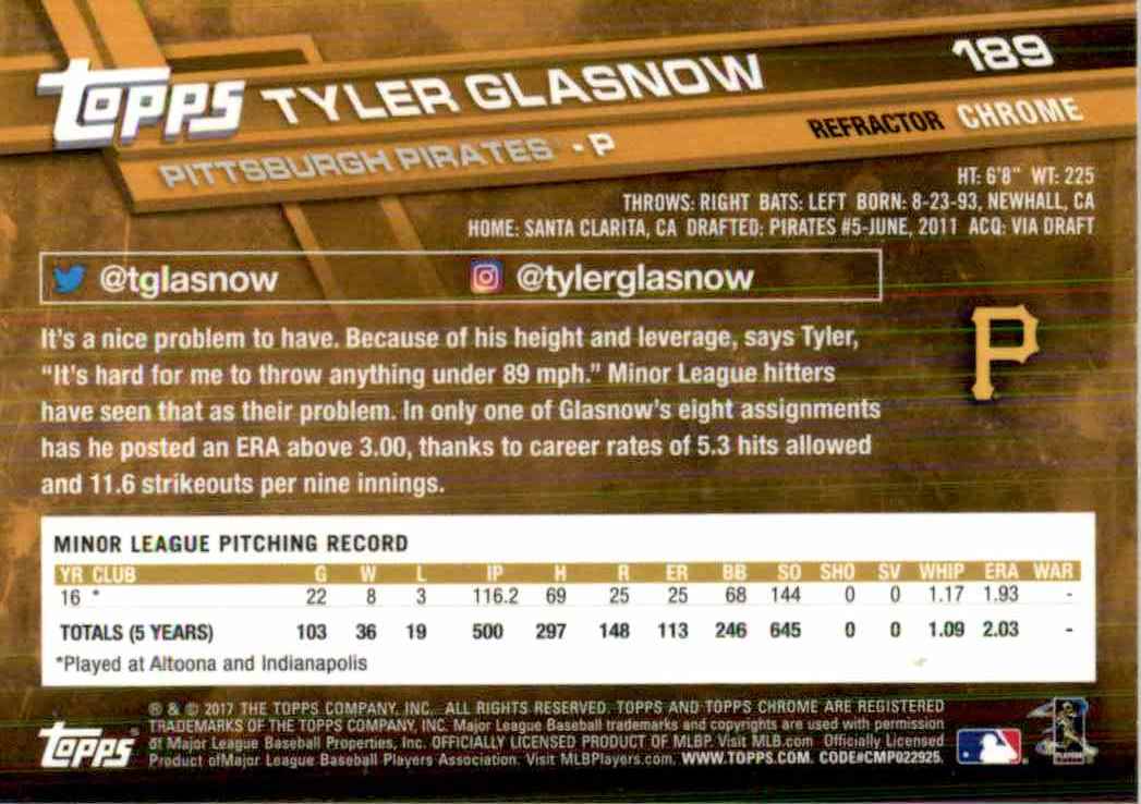2017 Topps Chrome Pink Refractor Tyler Glasnow #189 card back image