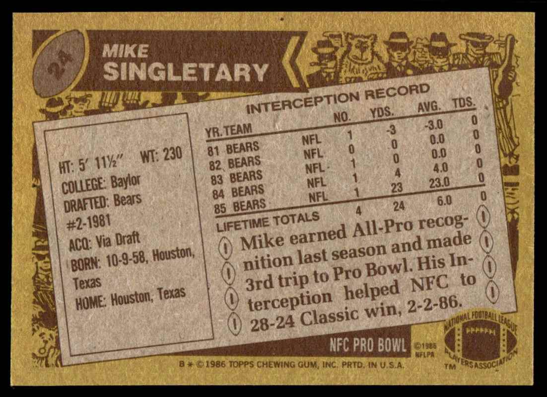 1986 Topps Mike Singletary #24 card back image