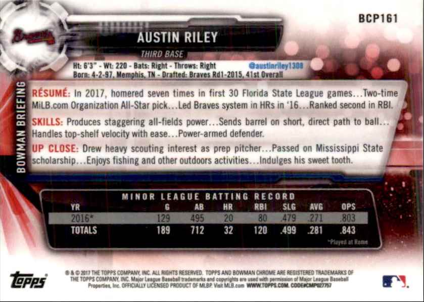 2017 Bowman Mini Prospect Chrome Austin Riley #BCP161 card back image