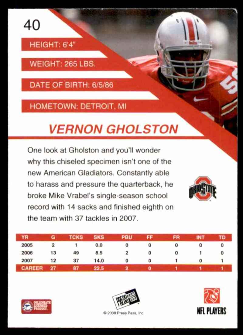 2008 Press Pass SE Vernon Gholston #40 card back image