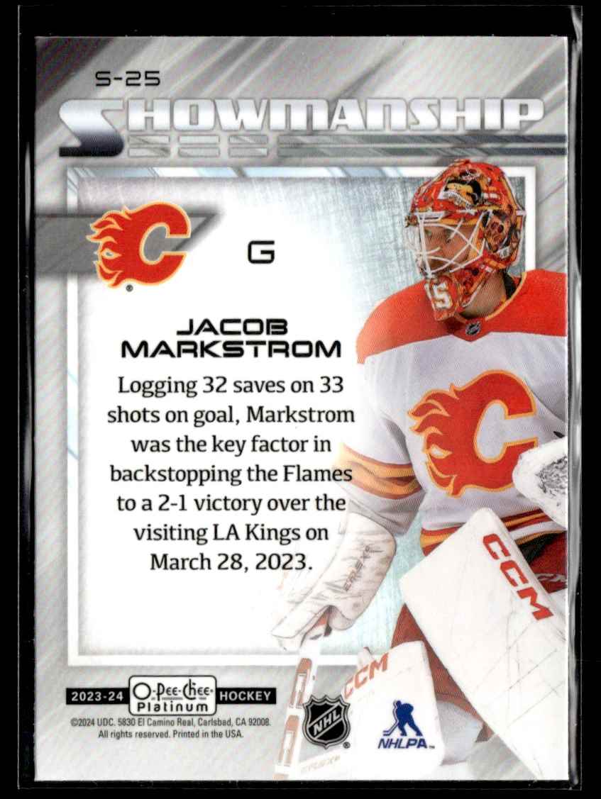 2023-24 O-Pee-Chee Platinum Showmanship Jacob Markstrom #S-25 card back image