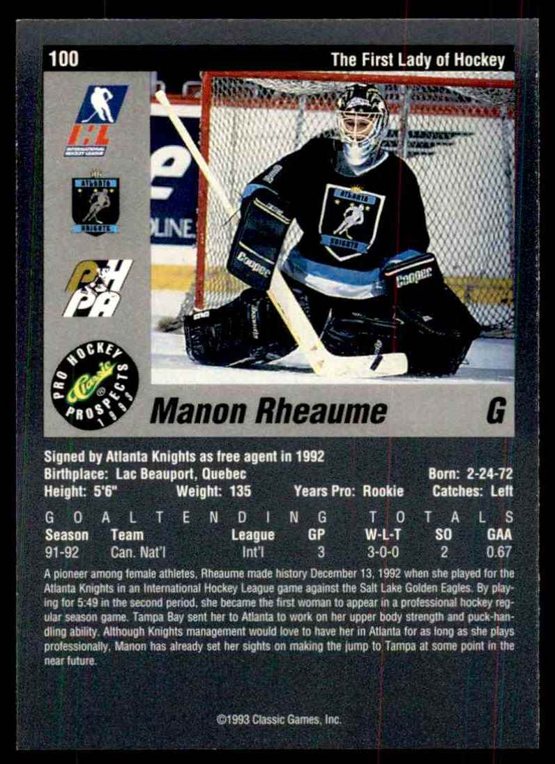 1993-94 Classic Pro Prospects Manon Rheaume #100 card back image