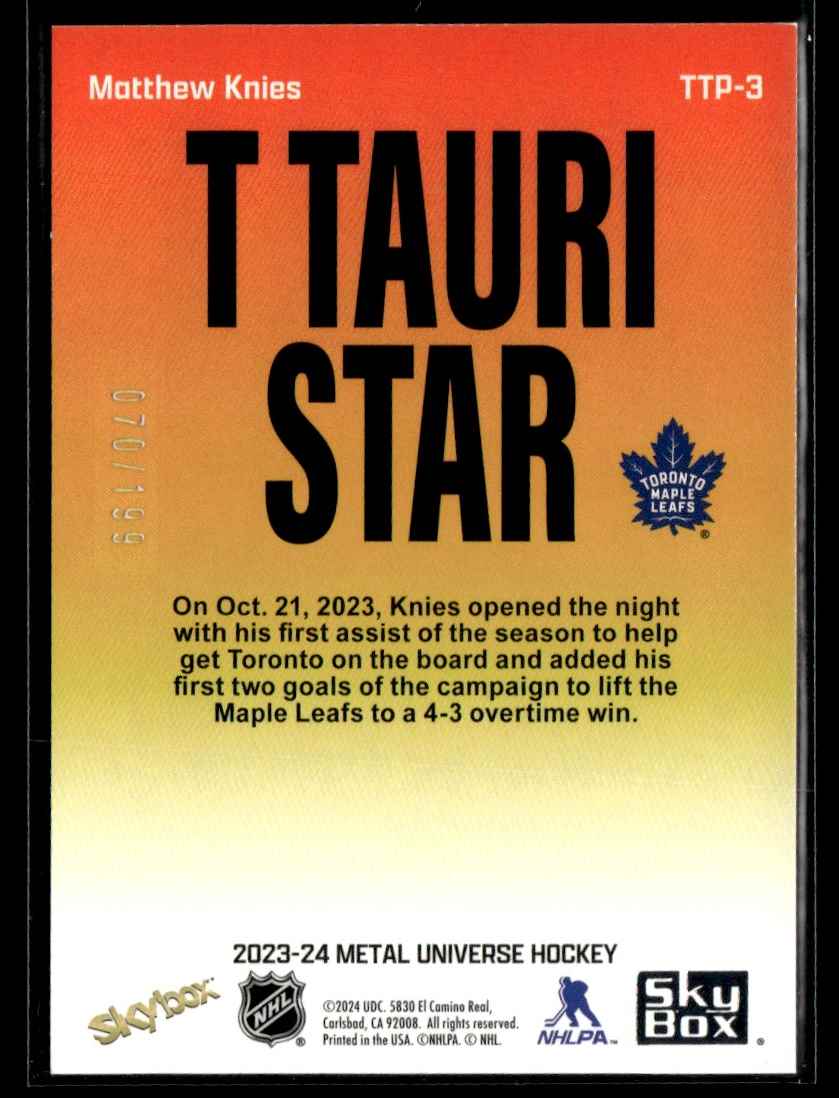 2023-24 SkyBox Metal Universe T Tauri Phase Spectrum Parallel Matthew Knies #TTP-3 card back image