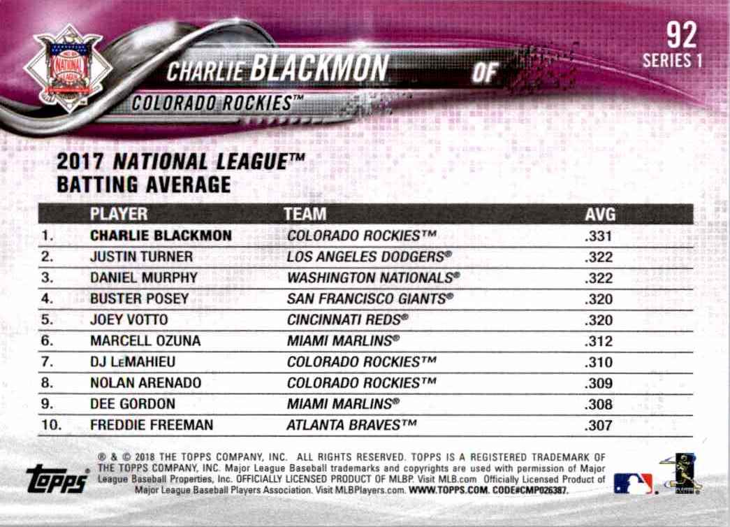 2018 Topps Charlie Blackmon #92 card back image