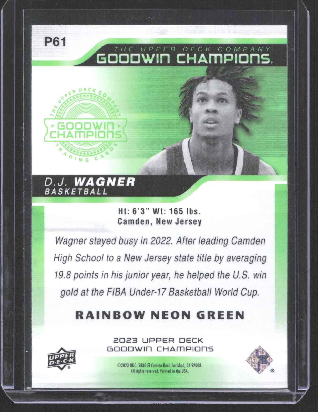 2023 Upper Deck Platinum Rainbow Neon Green D.J. Wagner #P61 card back image