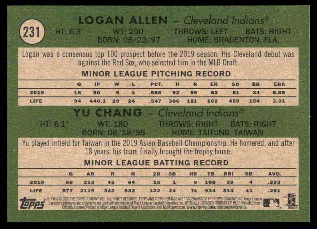 2020 Topps Heritage Logan Allen/Yu Chang card back image