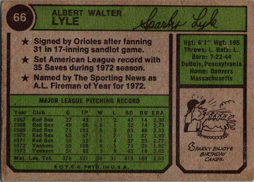 1974 Topps Sparky Lyle #66 card back image