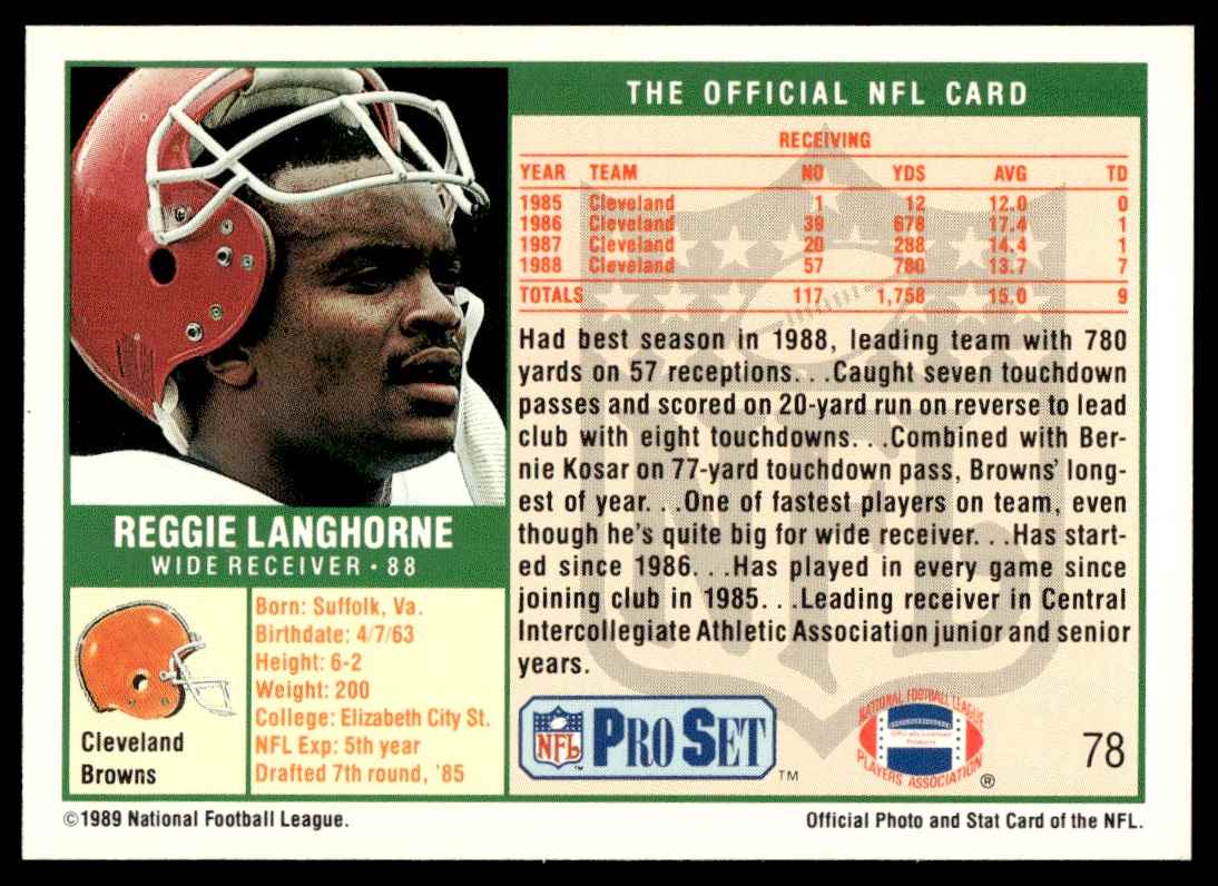 1989 Pro Set Reggie Langhorne #78 card back image