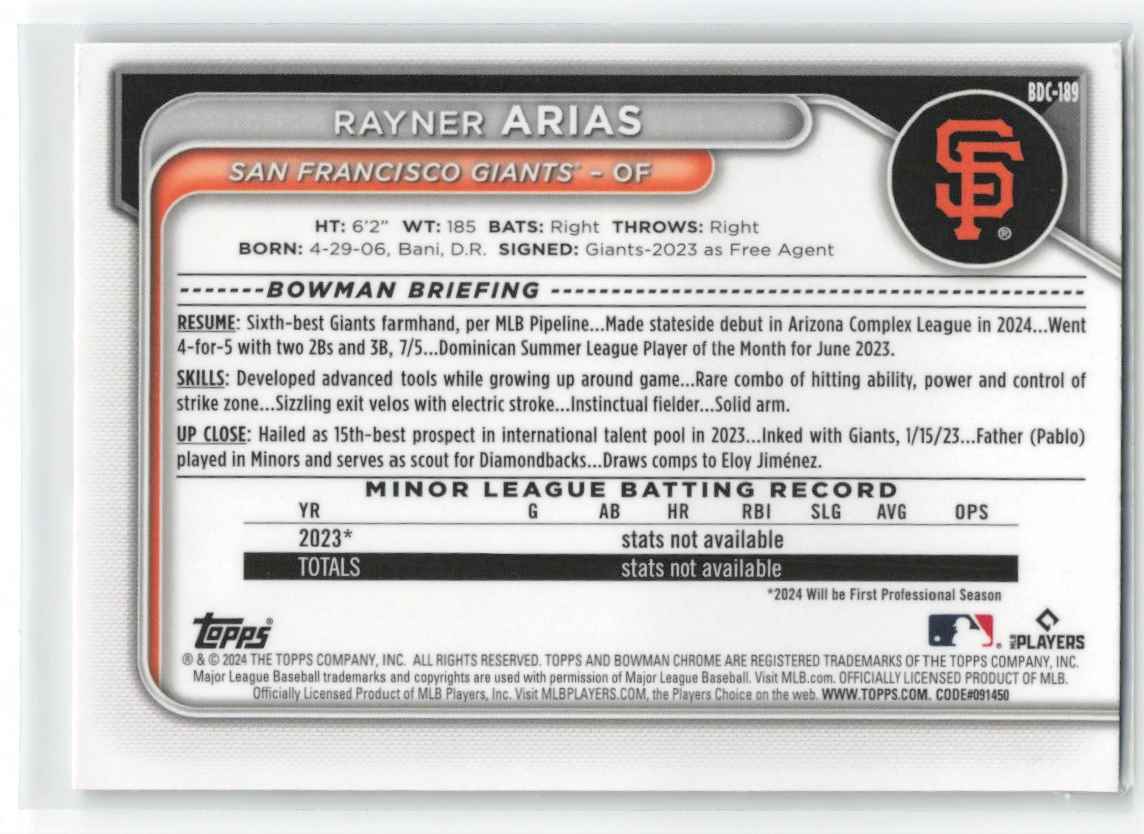 2024 Bowman Draft Chrome Rayner Arias #BDC-189 card back image