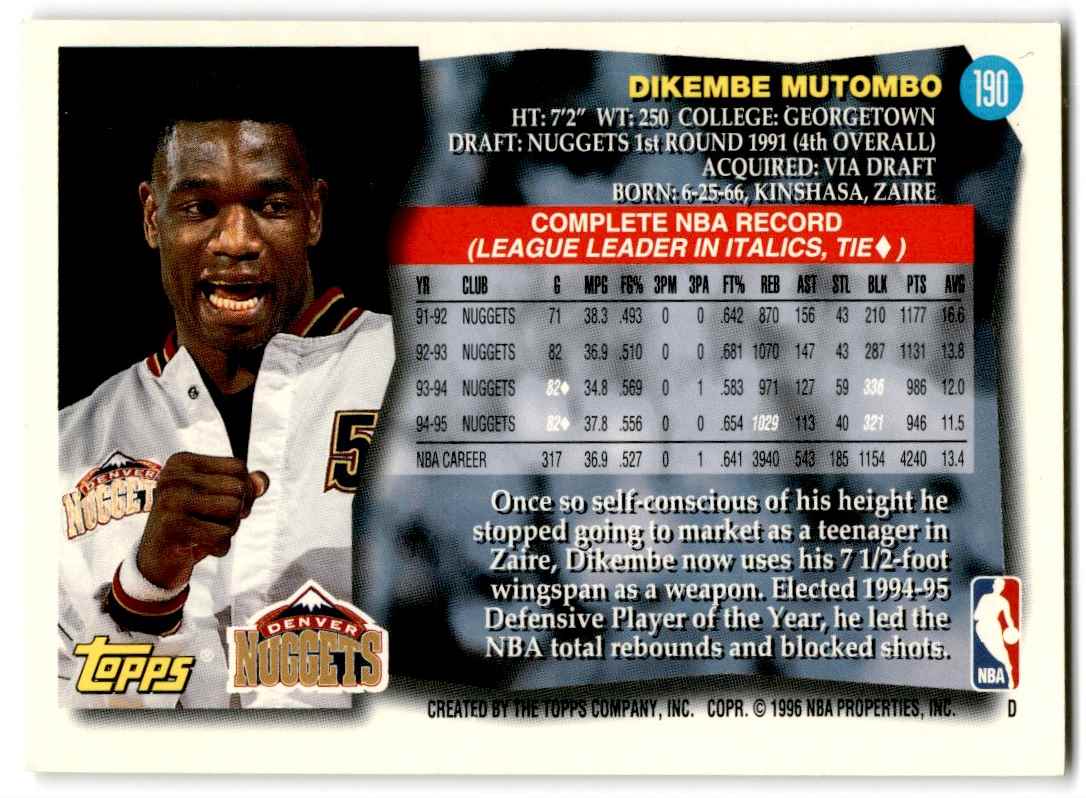 1995-96 Topps Dikembe Mutombo #190 card back image
