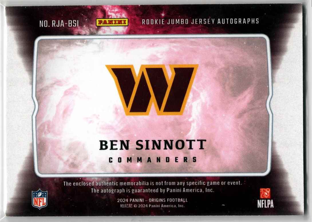 2024 Origins Rookies Jumbo Jersey Autographs Ben Sinnott Ben Sinnott #YOS-BST card back image