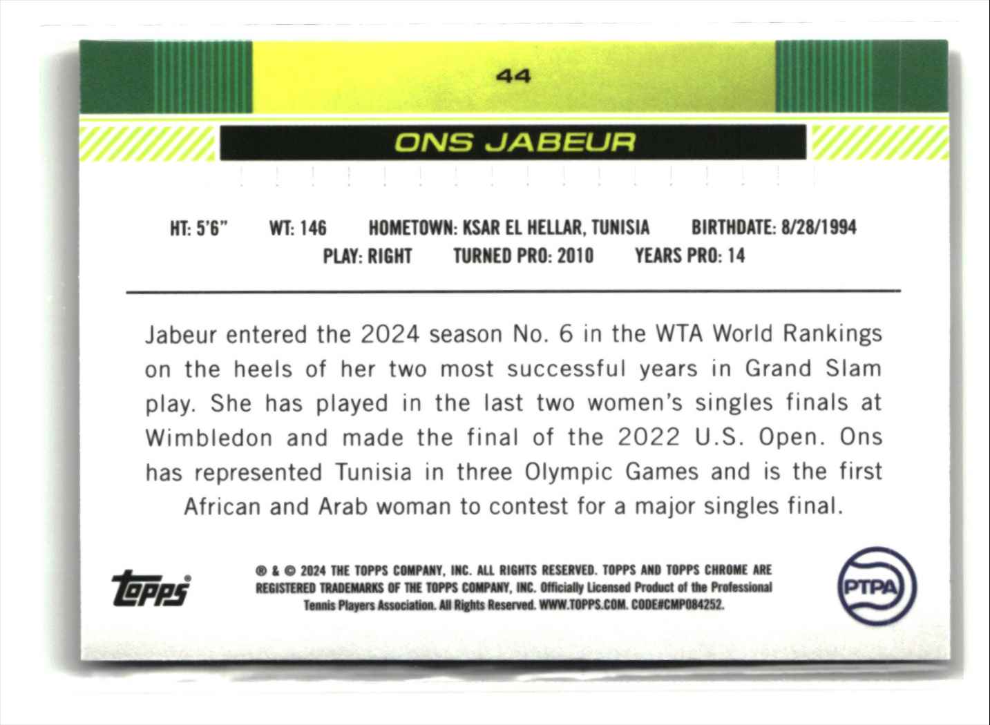 2024 Topps Chrome Clay Court Refractor ONS JABEUR #44 card back image