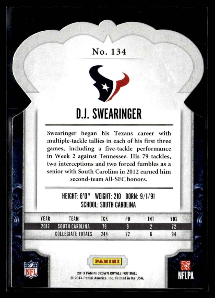 2013 Panini Crown Royale Rookie Red D.J. Swearinger #134 card back image