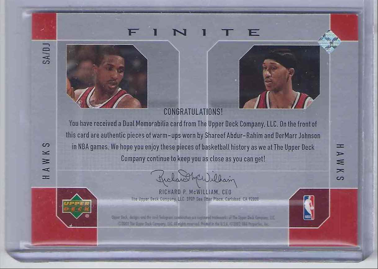 2002-03 Upper Deck Finite Elements Dual Warm-Ups Shareef Abdur-Rahim Dermarr Johnson #SADJ card back image