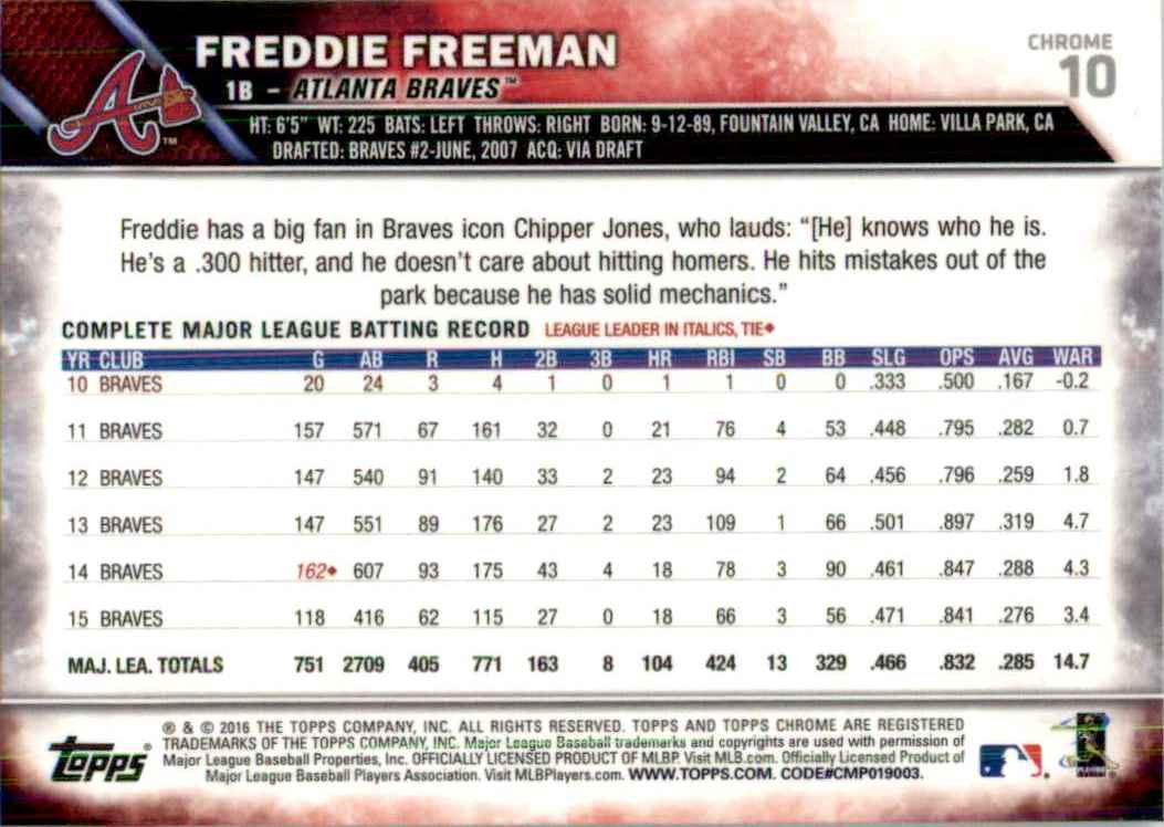 2016 Topps Chrome Freddie Freeman #10 card back image