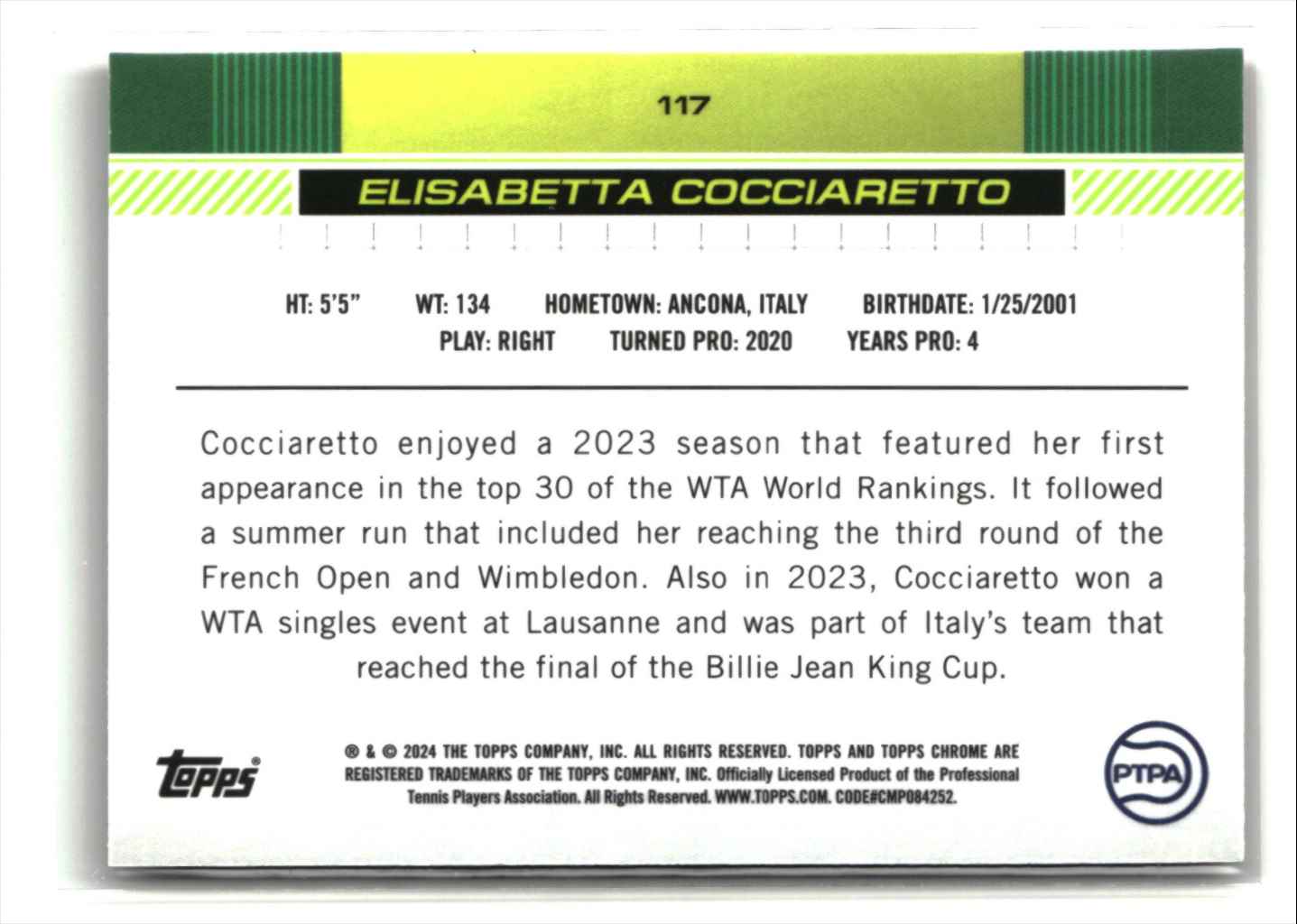 2024 Topps Chrome Clay Court Refractor ELISABETTA COCCIARETTO #117 card back image