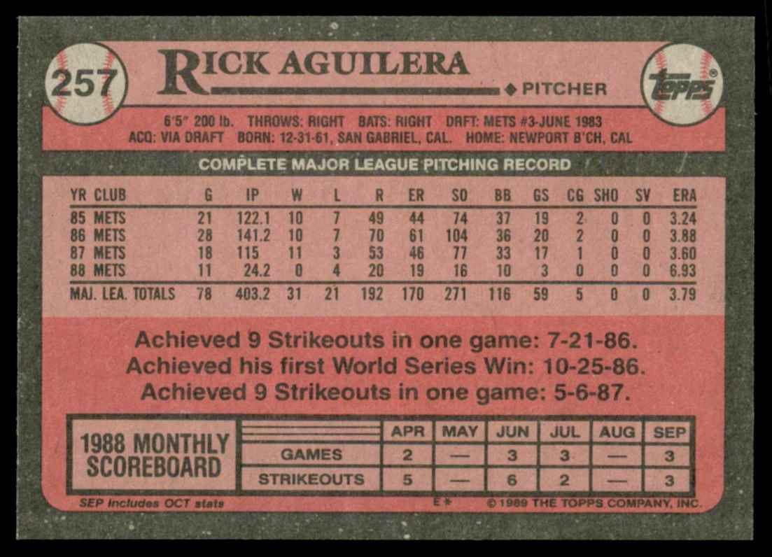 1989 Topps Rick Aguilera #257 card back image