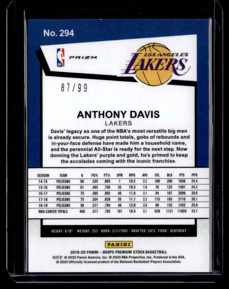 2019-20 Hoops Premium Stock Tribute Blue Mojo Anthony Davis #294 card back image